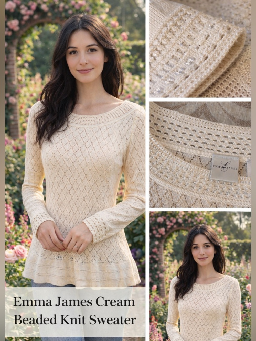 Emma James Cream Beaded Knit Sweater Size M | Feminine Boho Chic Lightweight - Picture 2 of 11